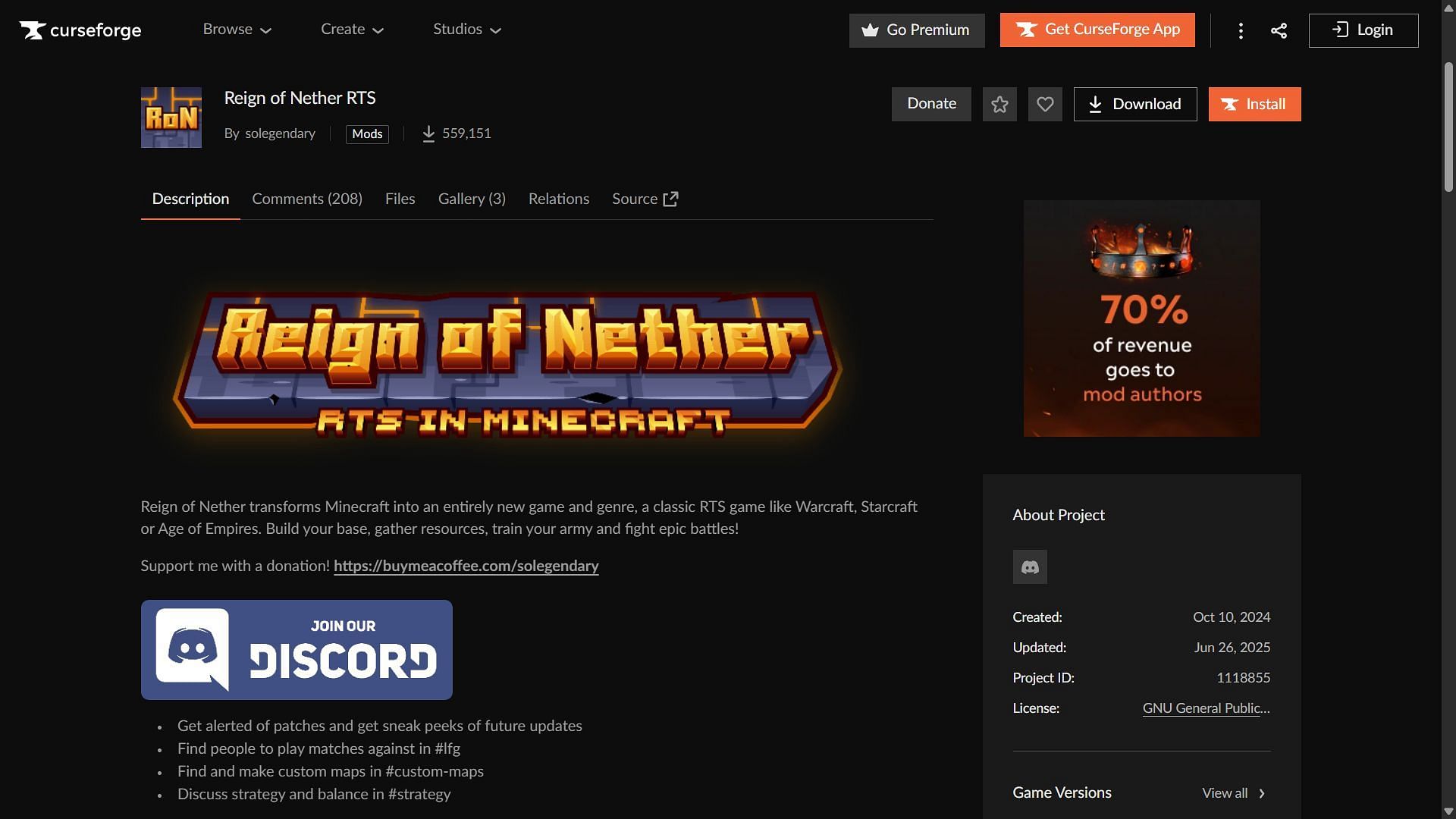 The Reign of Nether RTS mod can be downloaded from the CurseForge website (Image via CurseForge/solegendary)